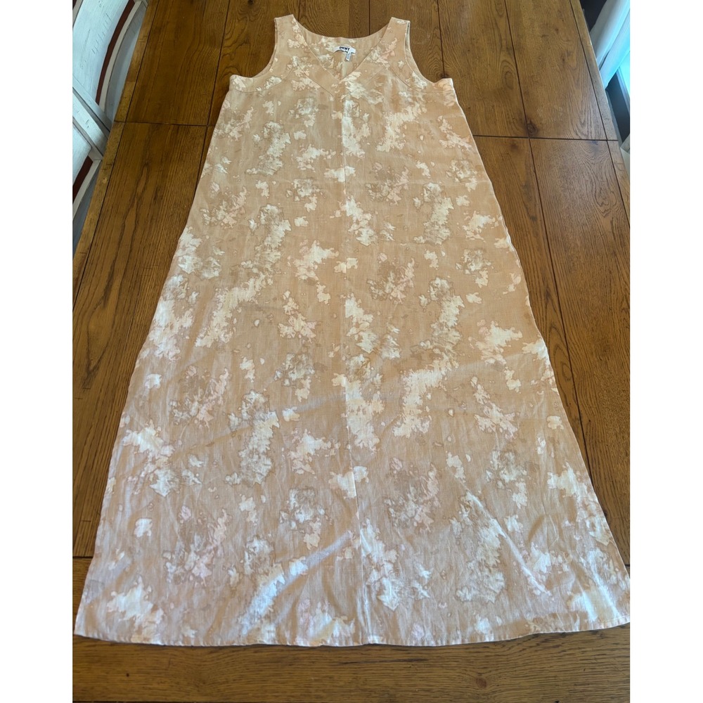 DKNY Pure Maxi Dress Women Medium, Neutral, Excellent Linen Sleeveless Tie Dye
